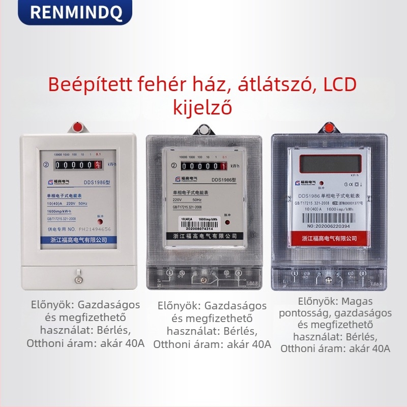 Elektronikus háztartási egyfázisú energiamérő, 40 A, 1. osztályú pontosság, 220 V, 50 Hz, DDS1986