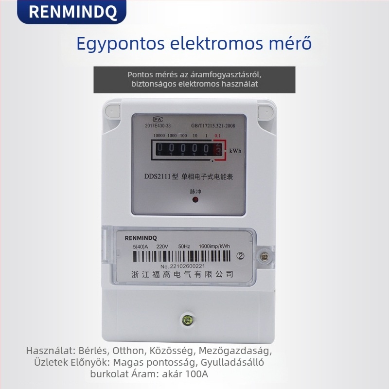 Elektronikus háztartási egyfázisú energiamérő, 40 A, 1. osztályú pontosság, 220 V, 50 Hz, DDS1986