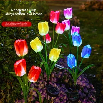 Napelemes tulipán alakú talajlámpa kültéri kertekhez — IP65, LED 0,06W, 6–12 óra világítás
