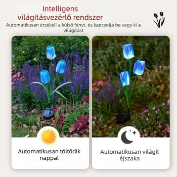 Napelemes tulipán alakú talajlámpa kültéri kertekhez — IP65, LED 0,06W, 6–12 óra világítás
