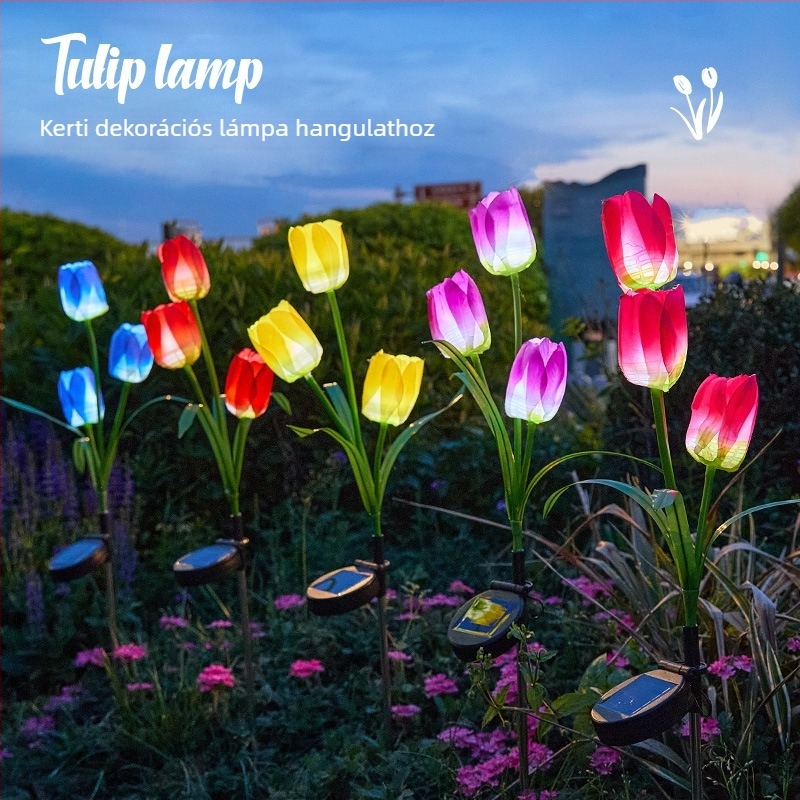 Napelemes tulipán alakú talajlámpa kültéri kertekhez — IP65, LED 0,06W, 6–12 óra világítás