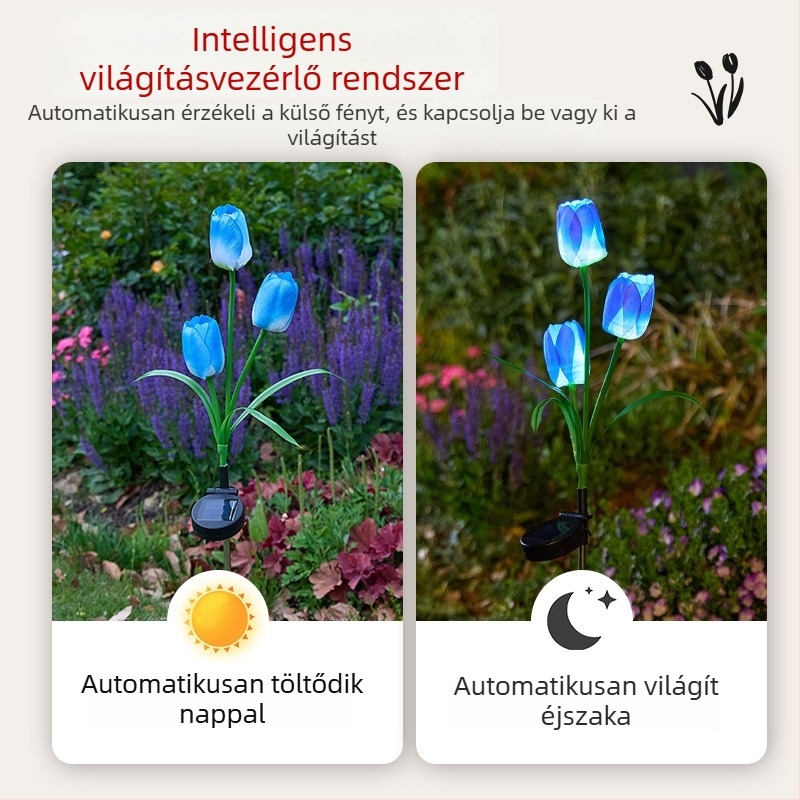 Napelemes tulipán alakú talajlámpa kültéri kertekhez — IP65, LED 0,06W, 6–12 óra világítás