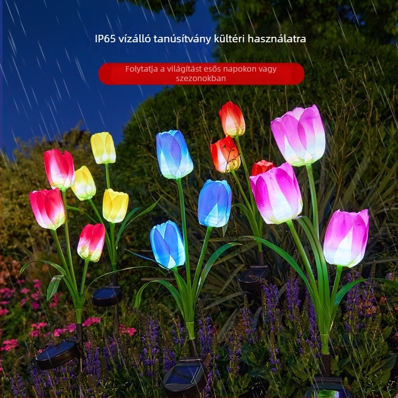 Napelemes tulipán alakú talajlámpa kültéri kertekhez — IP65, LED 0,06W, 6–12 óra világítás