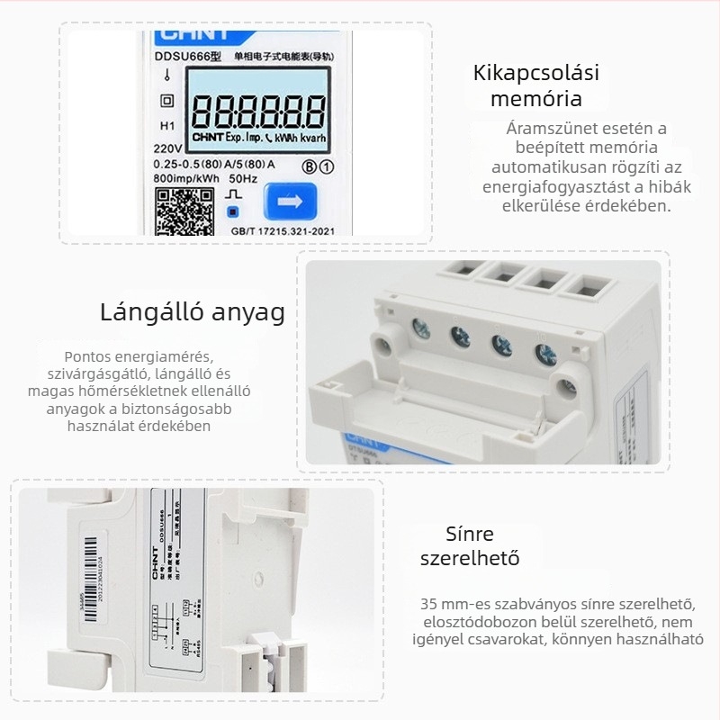 Chint DTSU666 sínre szerelt energiamérő, háromfázisú négyvezetékes, CT-vel és RS-485-tel, 380V