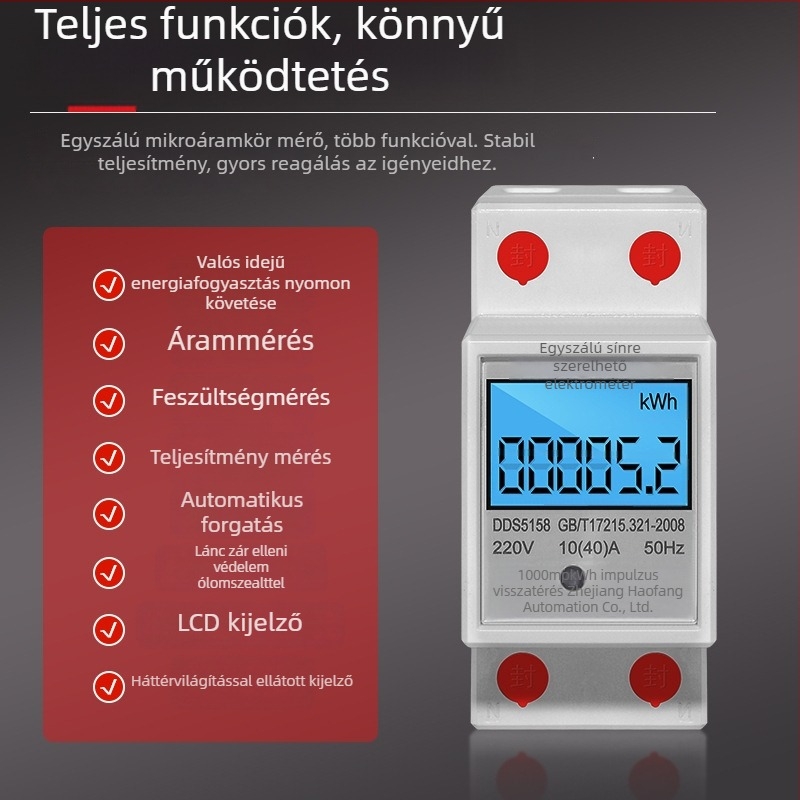 Haofang Háztartási Kis Méretű Egynapos DIN-sínre Szerelhető Elektromérő, Anti‑Tolvaj plombával, LCD kijelzővel, Elektronikus Energiamérő