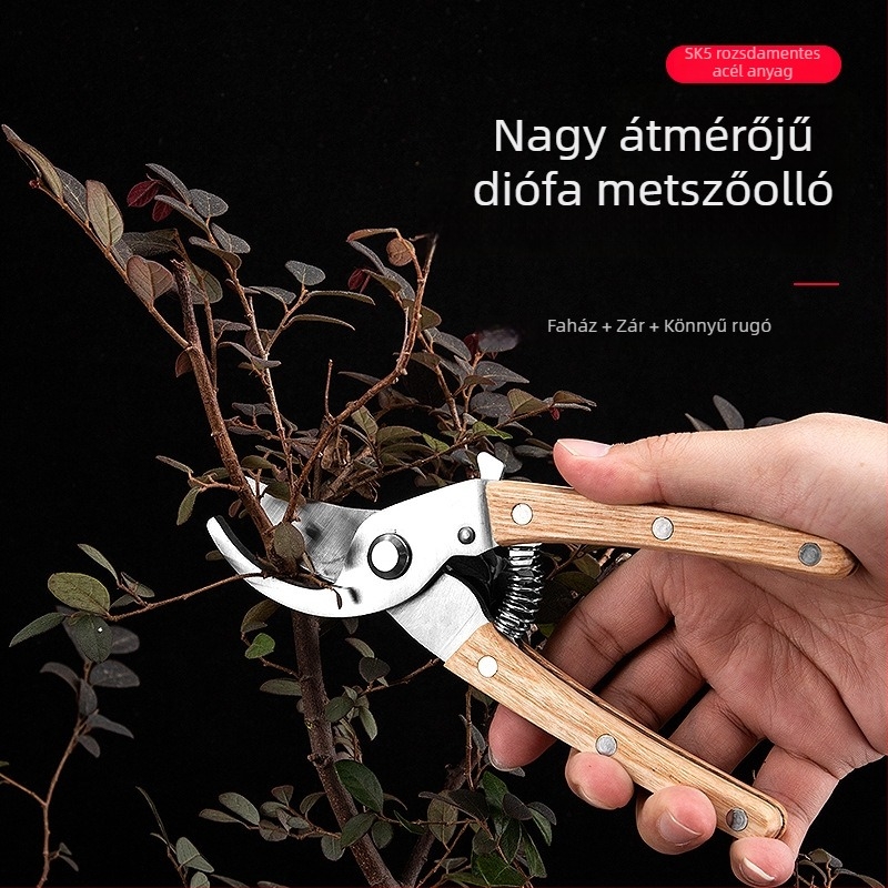 Faágak metszőolló, fából készült nyéllel – kerthez és gyümölcsfák metszéséhez