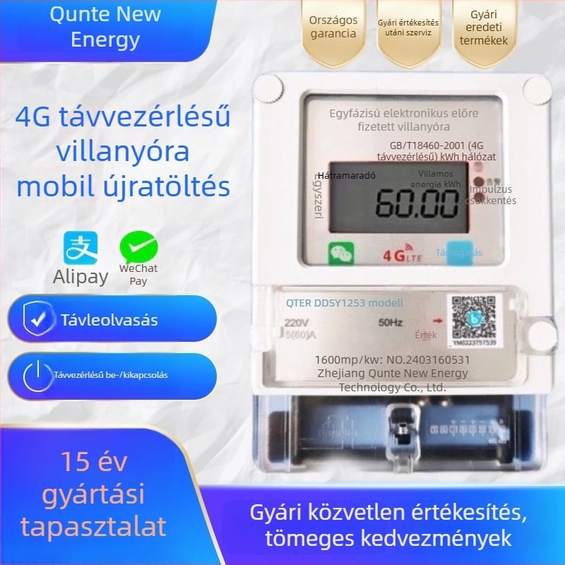 Egyszerfázisú 4G távoli előre fizetett villanyóra, QR-kóddal feltöltés, Bluetooth leolvasás, bérleményekhez készült okos mérő