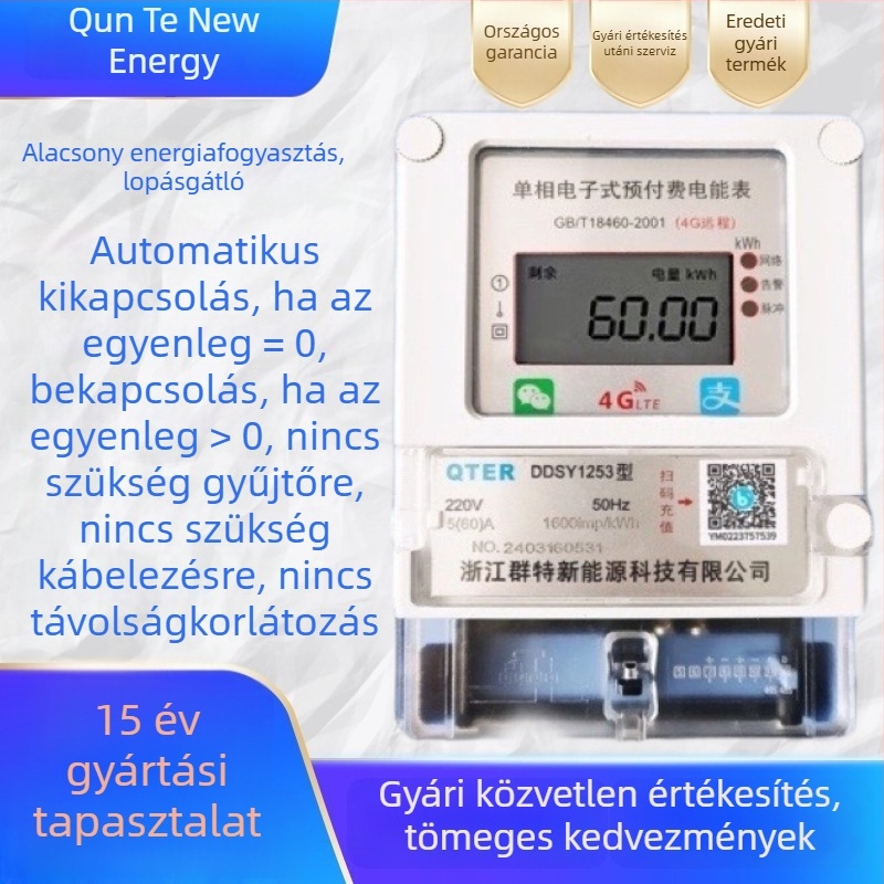 Egyszerfázisú 4G távoli előre fizetett villanyóra, QR-kóddal feltöltés, Bluetooth leolvasás, bérleményekhez készült okos mérő