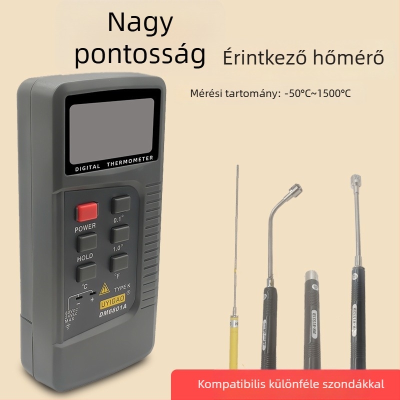 K-típusú ipari hőmérő egyetlen szenzorral, -50 °C-tól 1300 °C-ig, érintéses termopár