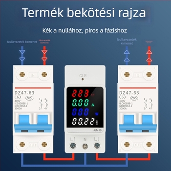 DIN-sínre szerelt LCD színes kijelzős többfunkciós elektromos mérő, feszültség, áramerősség, teljesítmény és energia mérésére, nulla reset lehetőséggel