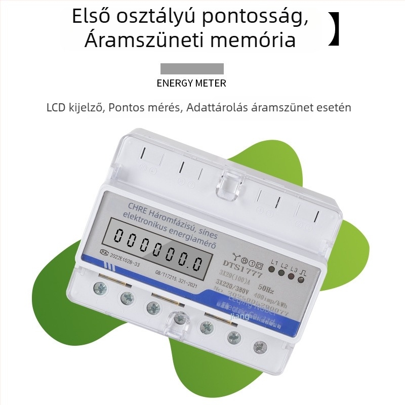 Háromfázisú, négyvezetékes DIN-sínes energiamérő, többfunkciós, 380V nagy teljesítményű digitális mérő