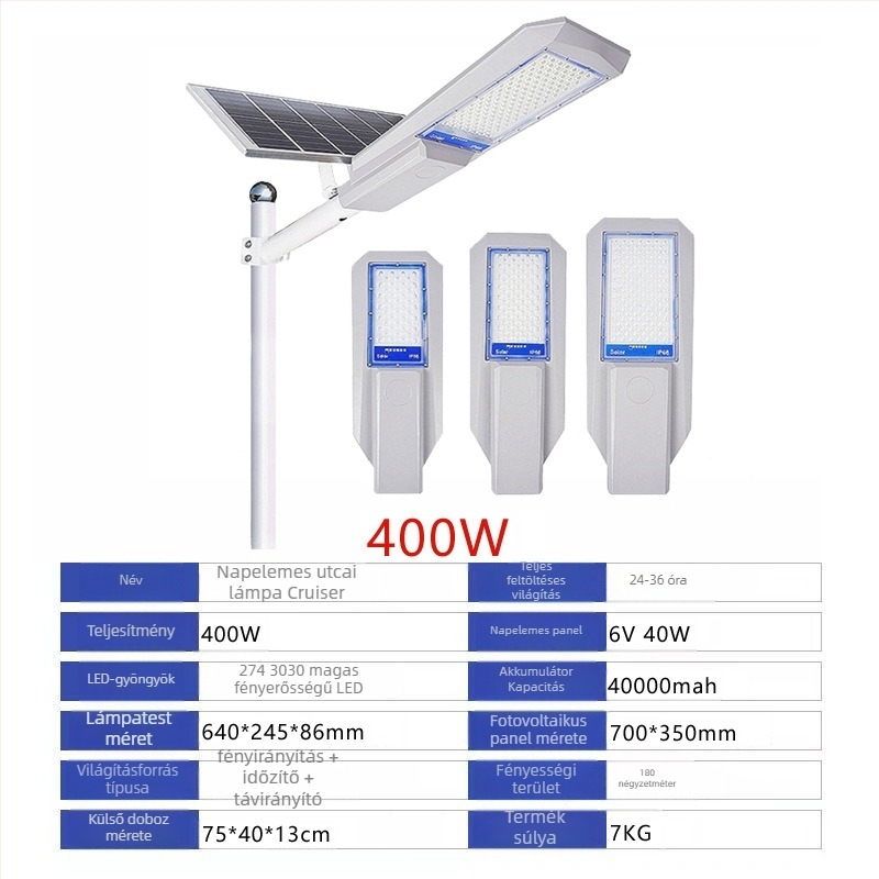 Ocean napelemes utcai lámpa IP65 vízálló, 100W, 6V, 12–16 órás üzemidő