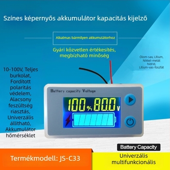 JS-C33 LCD színes kijelzős feszültségmérő és teljesítményfigyelő, 12V–72V