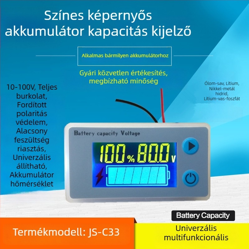 JS-C33 LCD színes kijelzős feszültségmérő és teljesítményfigyelő, 12V–72V