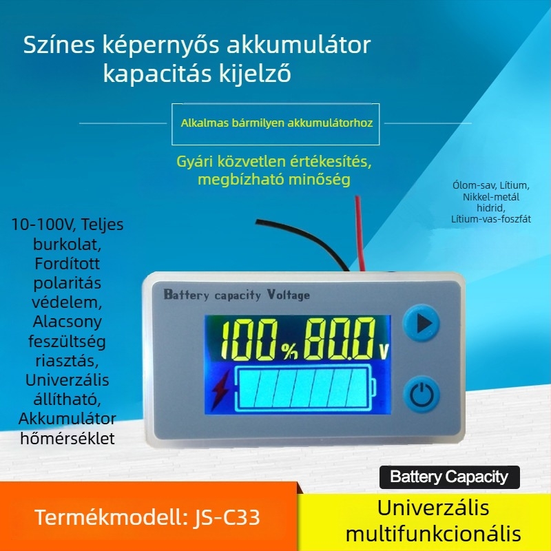 JS-C33 LCD színes kijelzős feszültségmérő és teljesítményfigyelő, 12V–72V