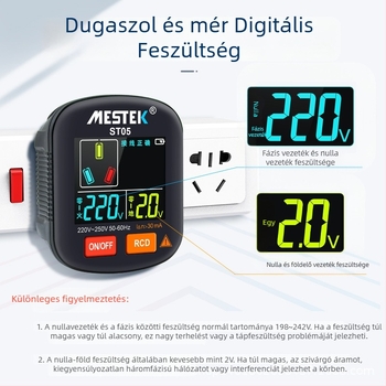 Többfunkciós digitális kijelzős aljzatvizsgáló fázisdetektorral, földelési, null- és fázisvezetékek ellenőrzése, szivárgásvizsgálat