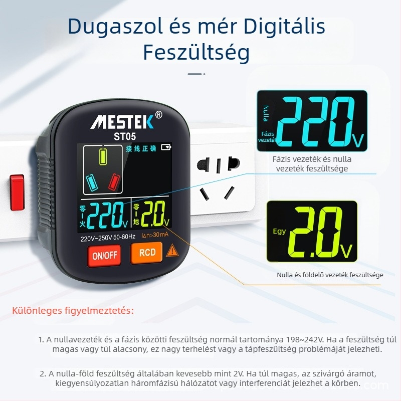 Többfunkciós digitális kijelzős aljzatvizsgáló fázisdetektorral, földelési, null- és fázisvezetékek ellenőrzése, szivárgásvizsgálat
