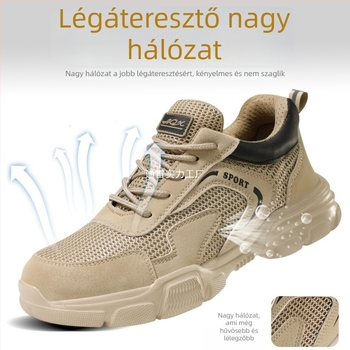 Légáteresztő munkavédelmi cipő acél orrtővel és szúrásálló talplemezzel, könnyű, csúszásmentes talp, felső része szintetikus bőrből és hálóból