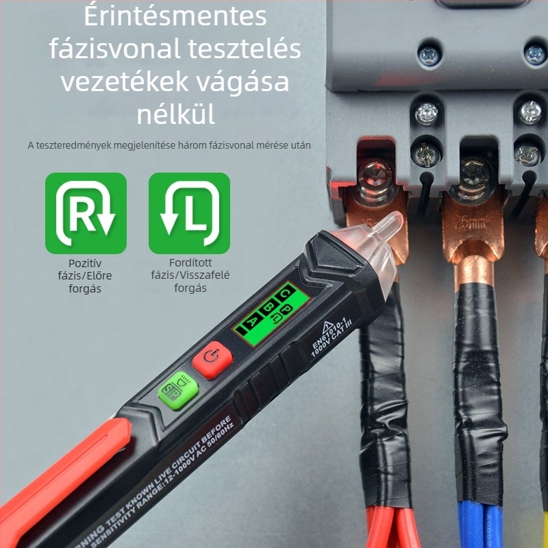HT100P Érintés nélküli fázissorrend-mérő, háromfázisú teszter digitális kijelzővel, motor forgásdetektor, hordozható