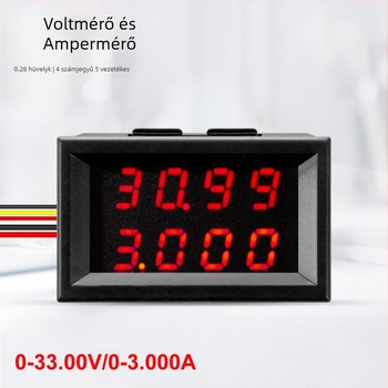 4 számjegyű digitális feszültség- és áramerősségmérő kettős kijelzővel, 0-33V/3A, piros, kék és zöld