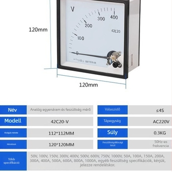 Pointer típusú DC feszültségmérő, modell 42C20-V / 42C20-A, bemenet 400V, kimeneti feszültség 1000V, mérési tartomány 1000