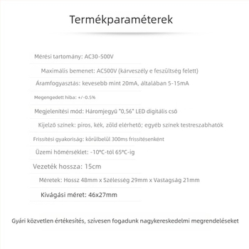 AC feszültségmérő 30–500V, váltóáramhoz, LED digitális kijelző, kétvezetékes digitális mérőfej, 220V hálózathoz és 3-fázisú 380V-hoz kompatibilis, modell ACV-500