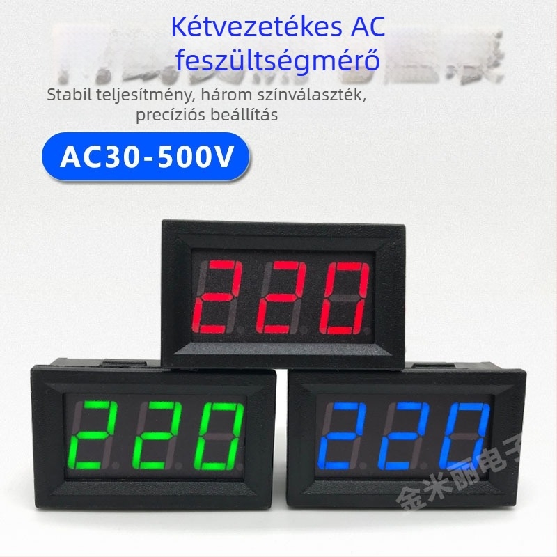 AC feszültségmérő 30–500V, váltóáramhoz, LED digitális kijelző, kétvezetékes digitális mérőfej, 220V hálózathoz és 3-fázisú 380V-hoz kompatibilis, modell ACV-500