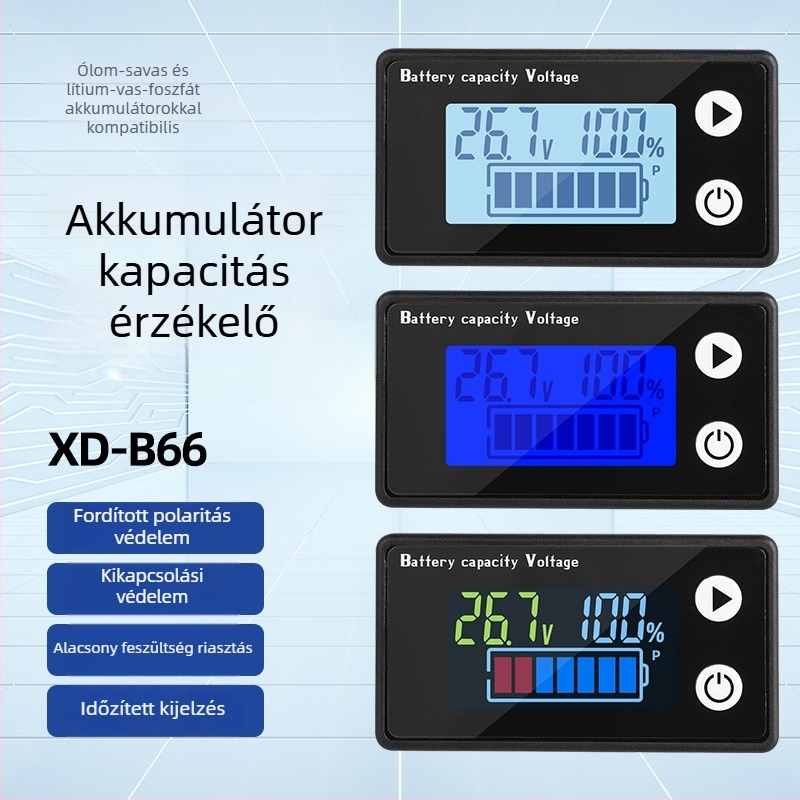 Kétvezetékes LCD digitális feszültségmérő, 9-100V, akkumulátor töltöttségi kijelző