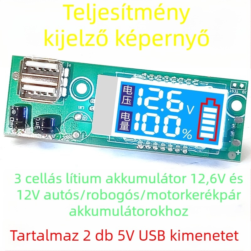 Ólomsavas akkumulátor feszültségmérő, 3S 12V Li-akkumulátor, LED LCD kijelző, DC kábel USB töltéssel