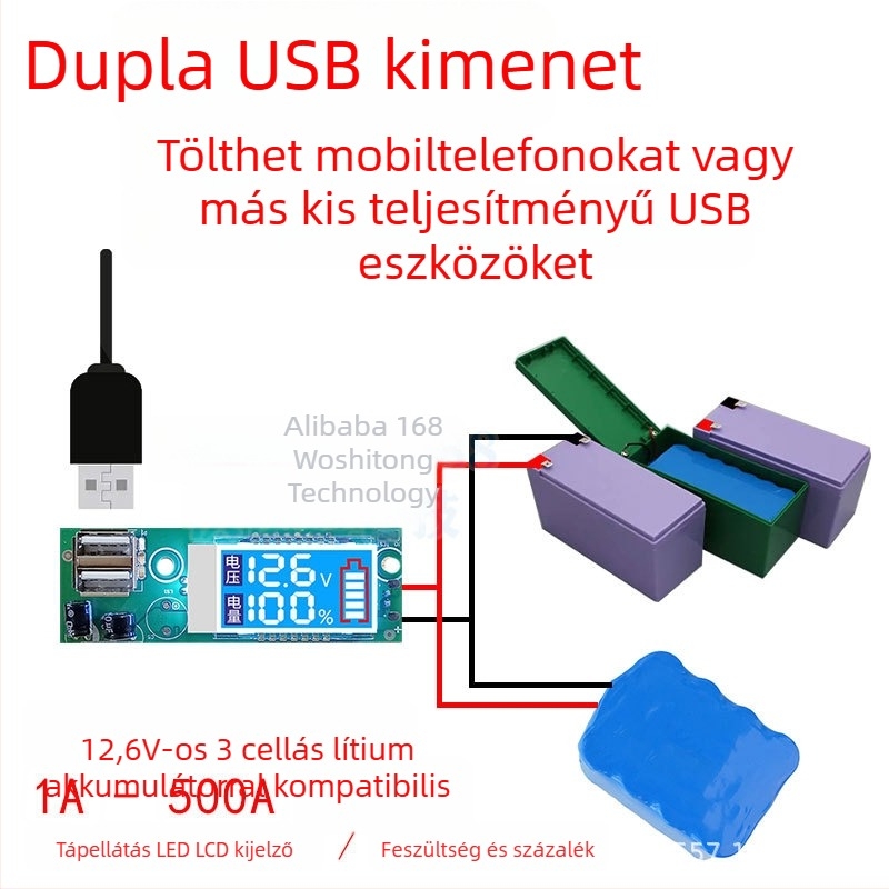 Ólomsavas akkumulátor feszültségmérő, 3S 12V Li-akkumulátor, LED LCD kijelző, DC kábel USB töltéssel