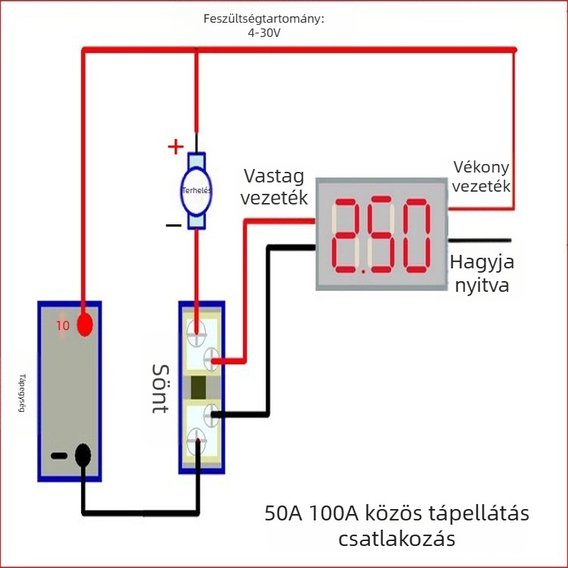 DC áramerőmérő digitális kijelzővel, 1A, 10A, 50A, 100A tartományok, finomhangolás