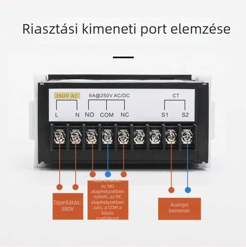 Intelligens digitális ampermérő felső- és alsó határriasztással, késleltetett relével, túlterhelés elleni védelemmel és áramirányítóval, 380V