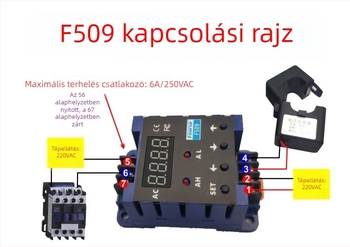 F509 AC digitális áramerősségmérő kijelzővel, felső és Alsó határriasztással, áramérzékelő relével, késleltetéssel, AC differenciállal, 220V mérés