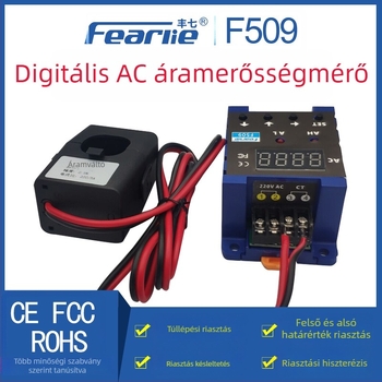 F509 AC digitális áramerősségmérő kijelzővel, felső és Alsó határriasztással, áramérzékelő relével, késleltetéssel, AC differenciállal, 220V mérés