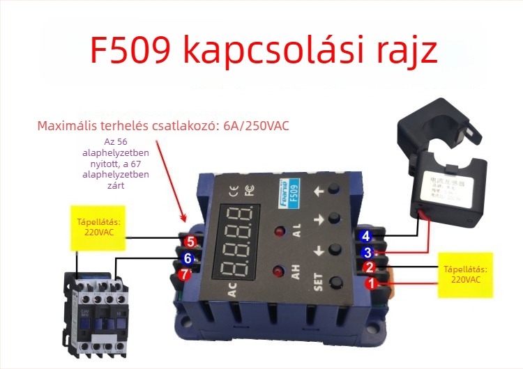 F509 AC digitális áramerősségmérő kijelzővel, felső és Alsó határriasztással, áramérzékelő relével, késleltetéssel, AC differenciállal, 220V mérés