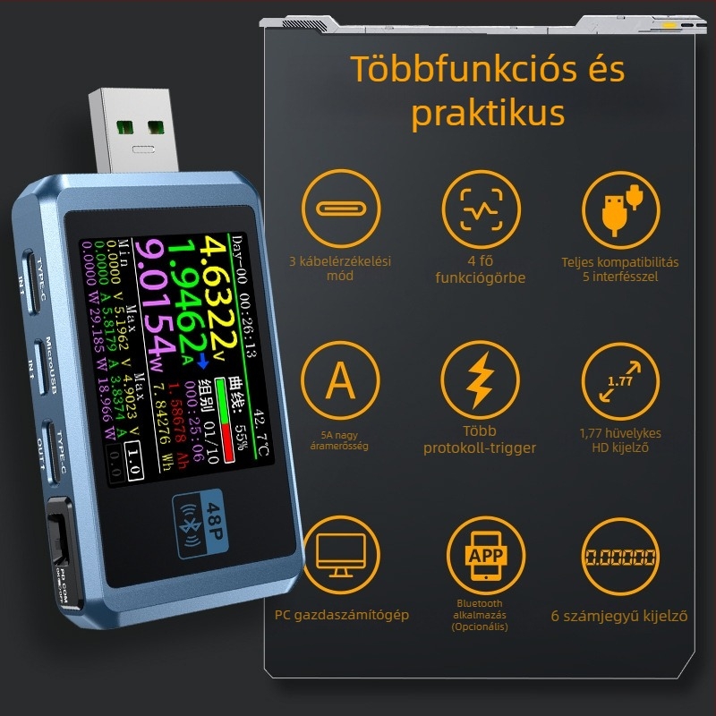 FNIRSI-FNB48P USB DC töltődetektor és ampermérő – feszültség- és árammérés, gyors töltés teljesítmény teszt