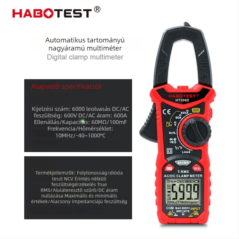 Huabo HABOTEST HT206A/B/D csipeszes multiméter digitális ampermérővel, AC/DC mérés