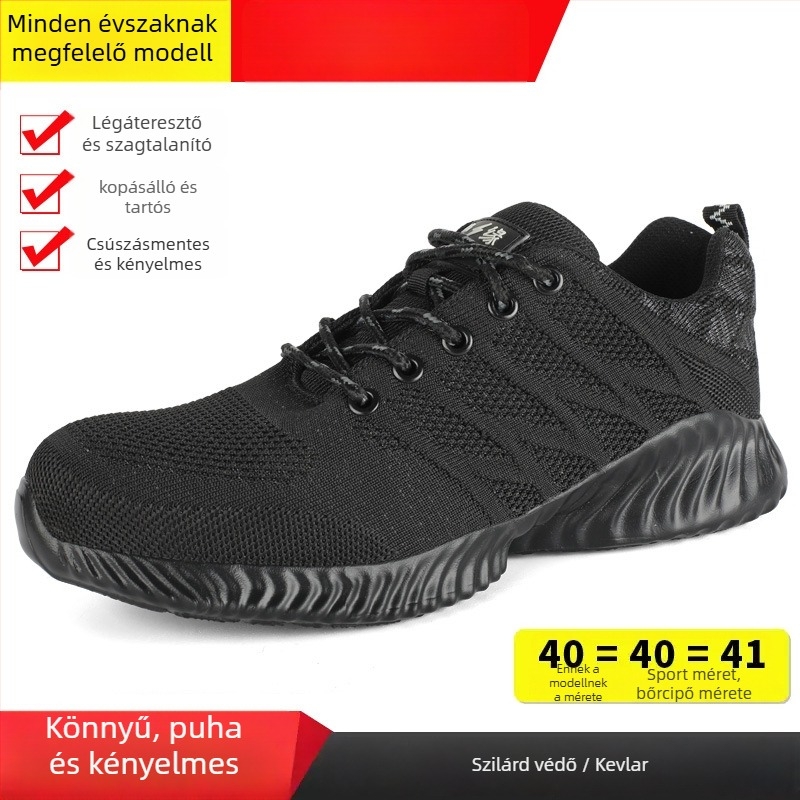 Építőipari védőcipő – nyáron légáteresztő, 6kV-ig izolált, műanyag–acél orrtővédő, ütésálló és áthatolás elleni, ultra-könnyű és kopásálló.