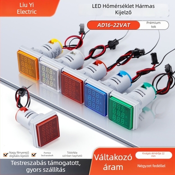 22 mm-es AC négyszögletes LED hőmérséklet kijelző mérőfedéllel, AD16-22VAT, ampermérő, voltmérő és hőmérő