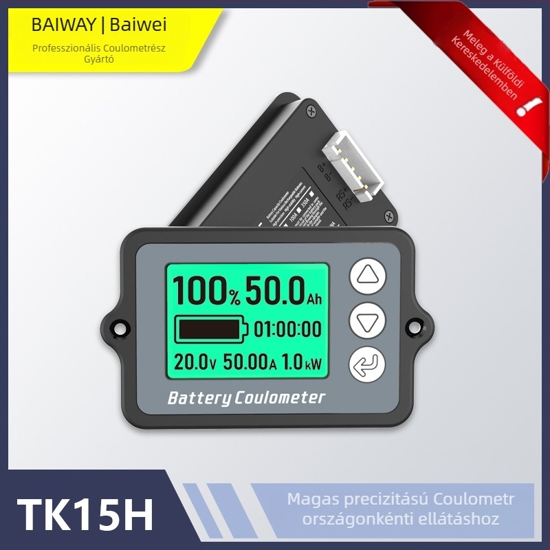 TK15 EV energia kijelző LiFePO4 kapacitásdetektorral Baiway, 8–120V tartomány, 1–9999Ah névleges kapacitás, 1 év élettartam