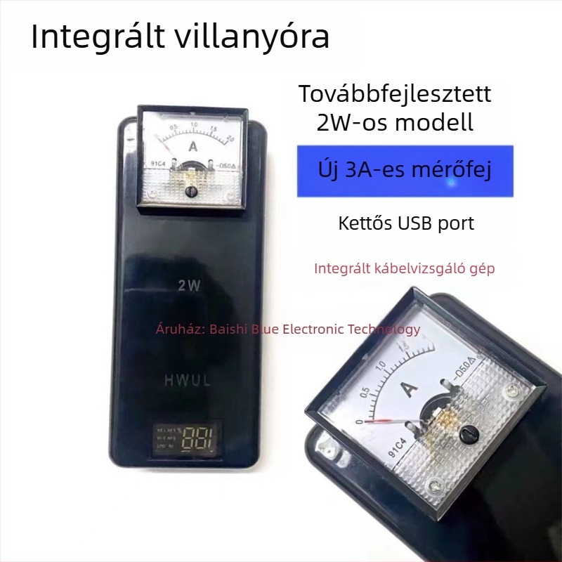 Minden‑egy‑ben teszter módosított mérőfejjel és töltőcsíptetővel használt telefonok tesztelésére — mutató típusú árammérőfej
