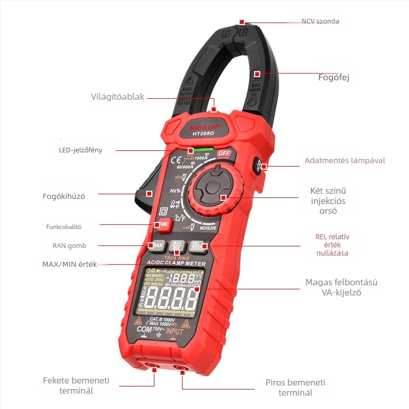 Digitális clamp-mérő HT208A/D, kapacitásmérés, nagy áram