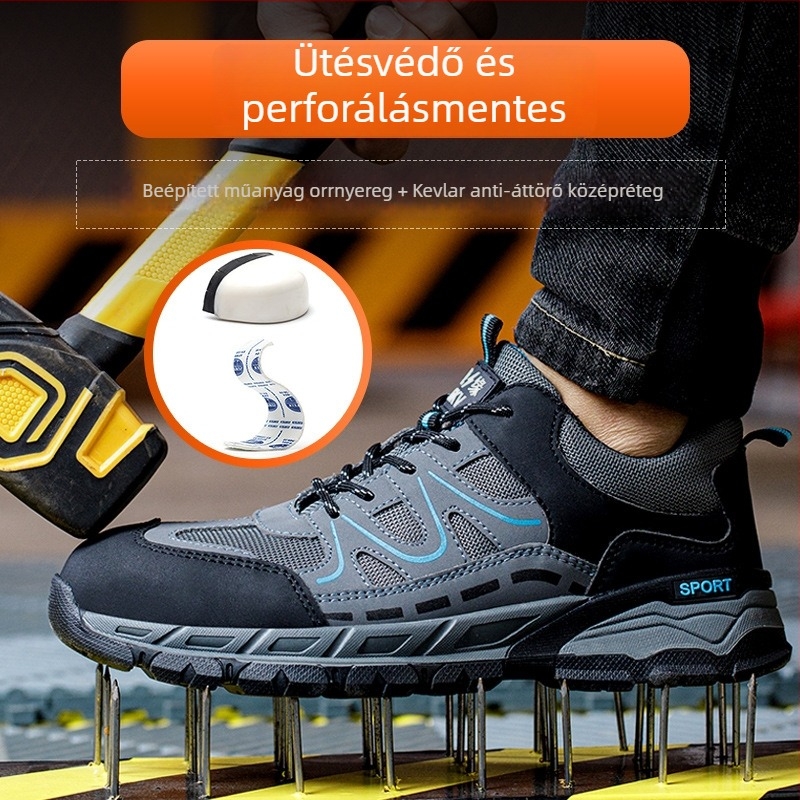 Ütésálló és átszúródás elleni biztonsági cipő, anyag: microfiber bőr + vászon, alacsony felsőrész, orrvédő műanyag-vas