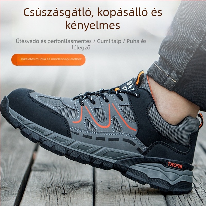Ütésálló és átszúródás elleni biztonsági cipő, anyag: microfiber bőr + vászon, alacsony felsőrész, orrvédő műanyag-vas