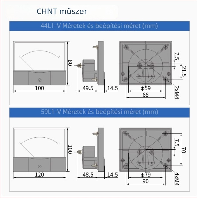 Chint mutatós ampermérő 44L1-A, voltmérő 44L1-V, 450V, 150/5A, 44C2
