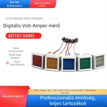 AD16-22VAMS Feszültség- és áramerősség-mérő jelzőfénnyel, kettős kijelző, 22 mm-es négyzetes digitális panelmérő