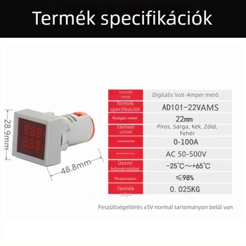 AD16-22VAMS Feszültség- és áramerősség-mérő jelzőfénnyel, kettős kijelző, 22 mm-es négyzetes digitális panelmérő