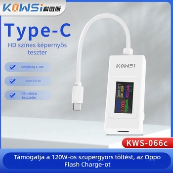 KWS-066C Type-C teszter színes kijelzővel – USB áram- és feszültségmérő, kétirányú tester