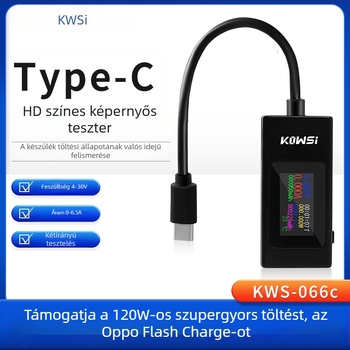KWS-066C Type-C teszter színes kijelzővel – USB áram- és feszültségmérő, kétirányú tester