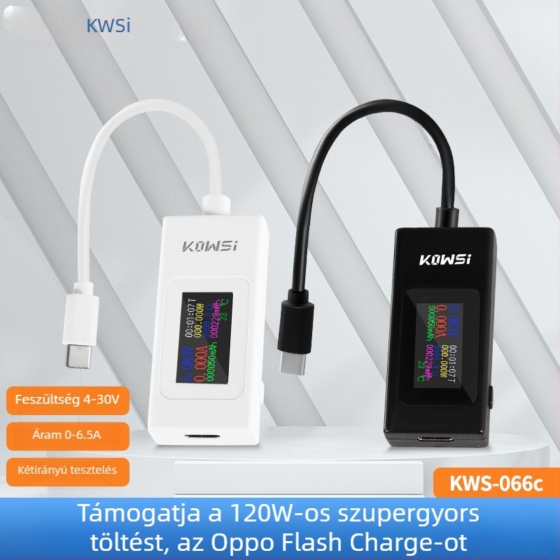 KWS-066C Type-C teszter színes kijelzővel – USB áram- és feszültségmérő, kétirányú tester